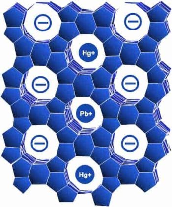 The honeycomb zeolite structure has a negative charge and hollow cages. These hollow cages are attracted to positively charged toxins like lead (Pb+) and mercury (Hg+).